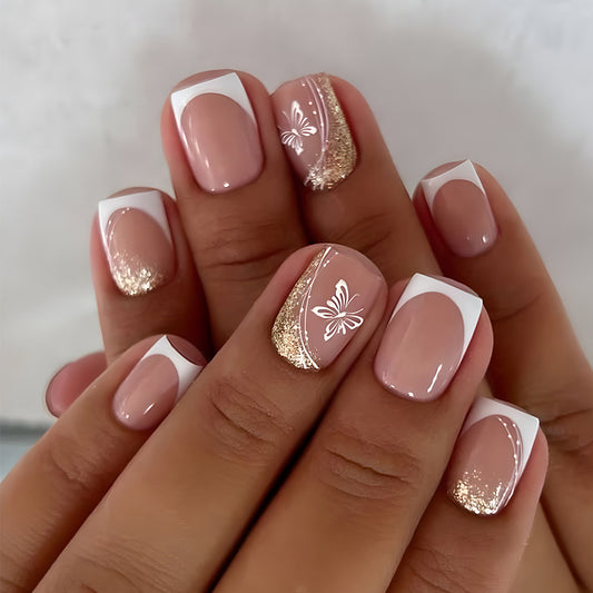 Whimsical Elegance Short Square Blush with White Tips and Gold Glitter Butterfly Accent Press On Nail Set