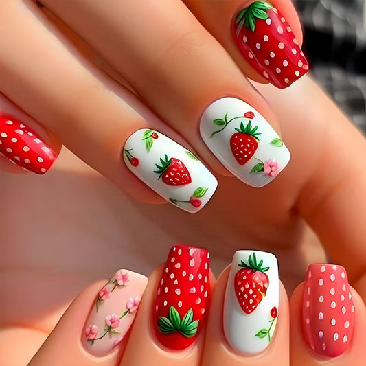 Berry Delightful Medium Square Press On Nails Red and White Striking Strawberry Design
