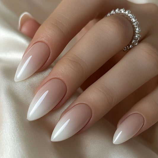 Elegant Enchantment Glossy Long Almond Shape Gradation Beige to White Press-On Nail Set for Effortless Glamour
