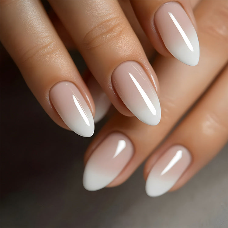 Snow Veil Medium Almond White Ombre Press On Nails with Glossy Finish