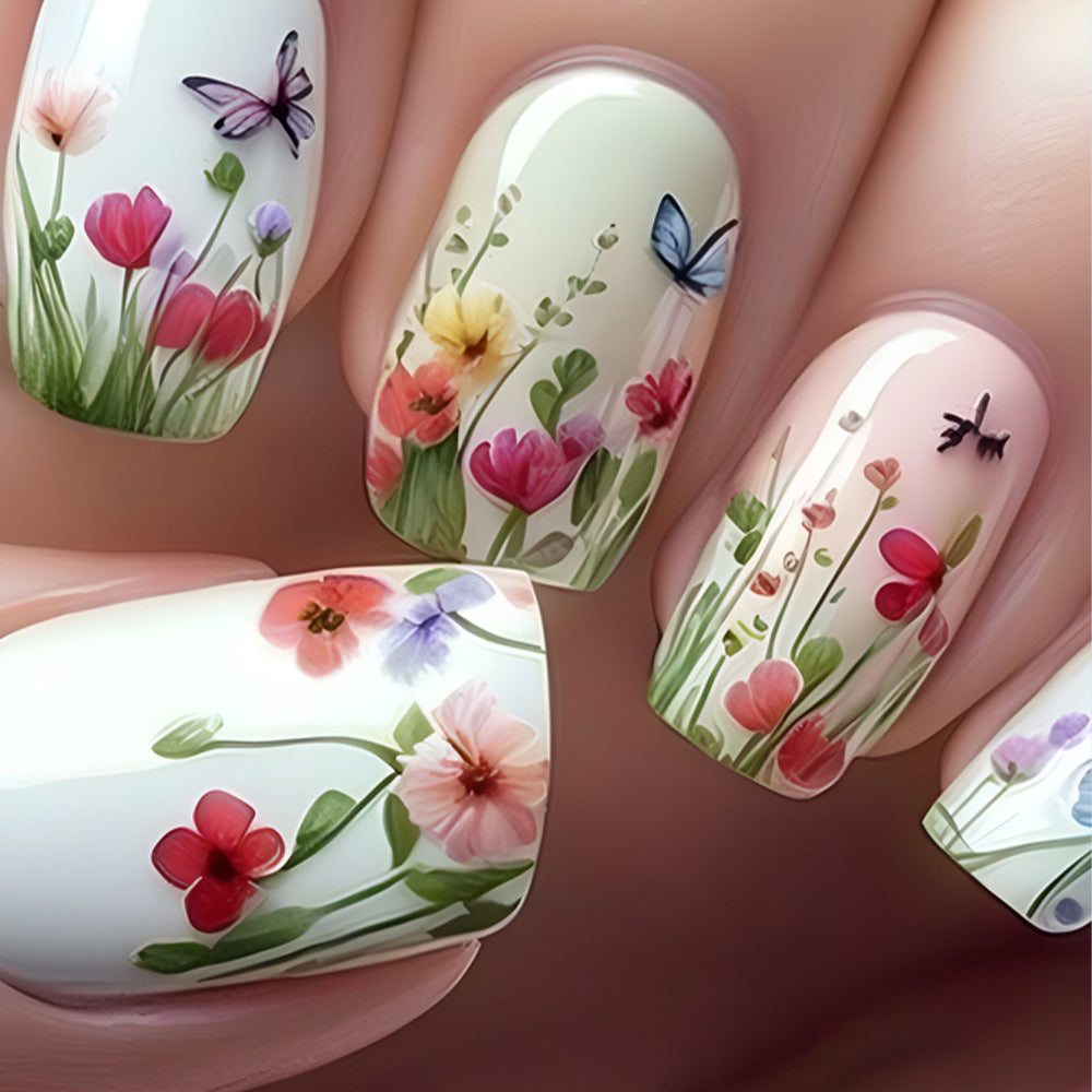 Floral Fantasy Medium Square Press On Nail Set in Pastel Colors with Botanical Art Design