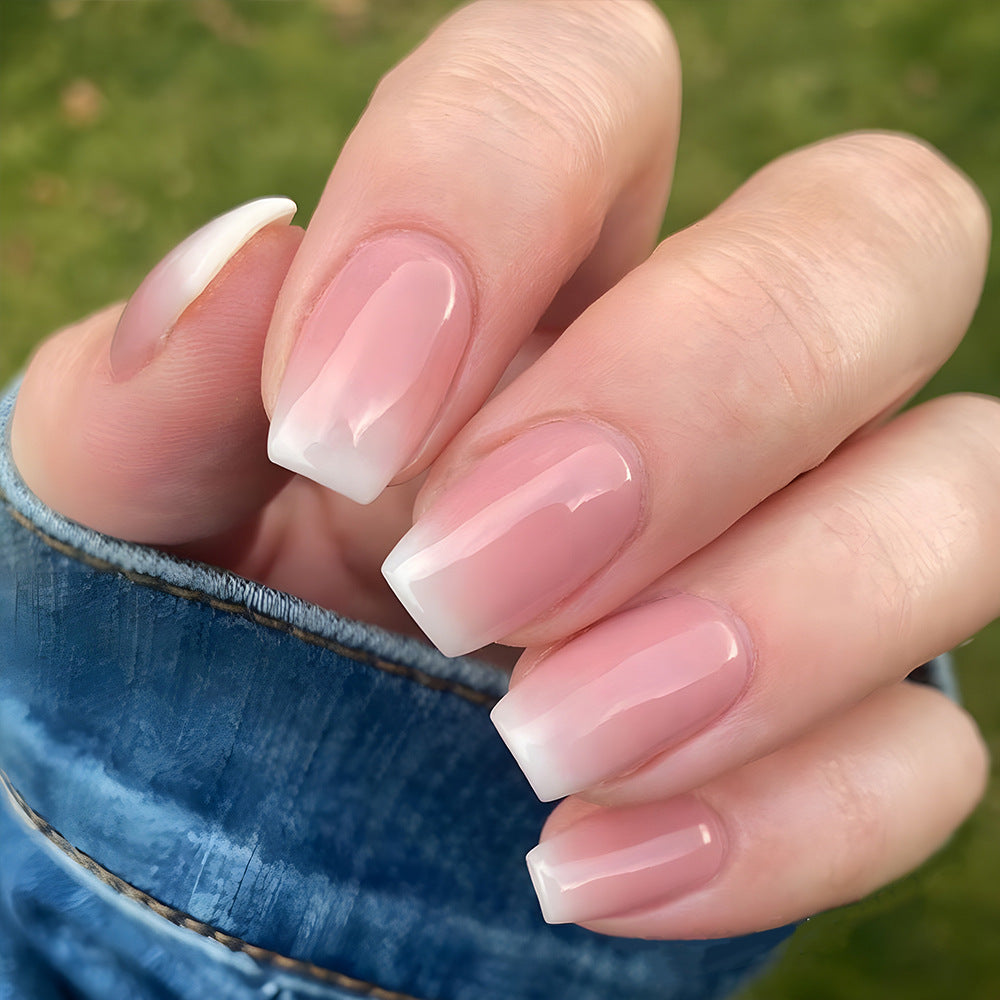 Enchanting Elegance Medium Square Beige Nails with Ombré Finish Perfect for Every Occasion