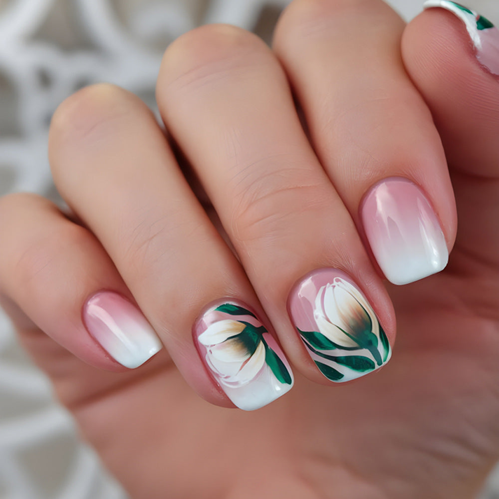 Elegant Blossom Inspired Short Square Ombre Pink with Floral Art Press On Nail Set