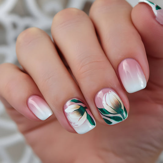 Elegant Blossom Inspired Short Square Ombre Pink with Floral Art Press On Nail Set
