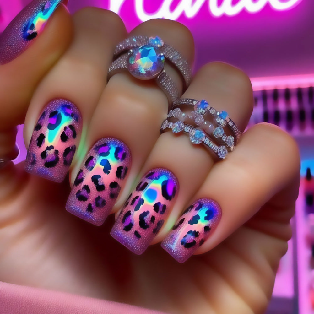 Radiant Wildflower Medium Square Purple with Iridescent Leopard Print Press-on Nail Set