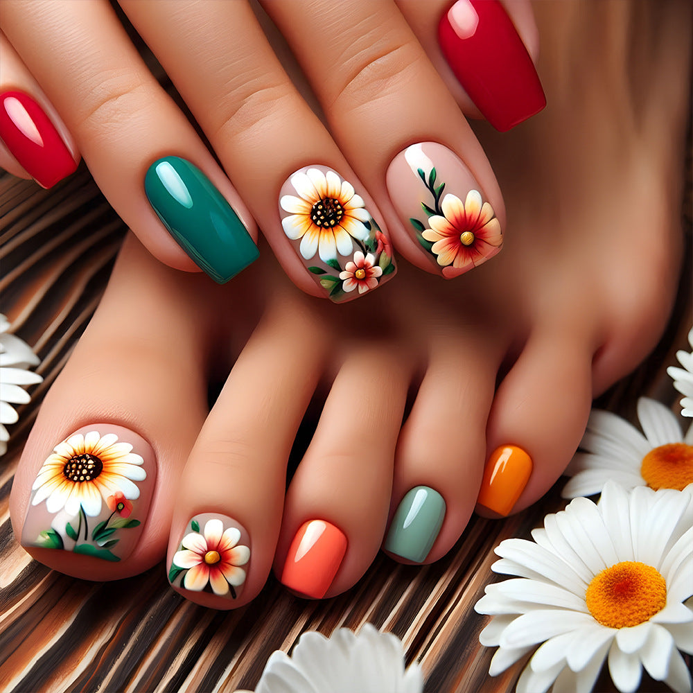 Sunny Floral Bliss Medium Square Short Vibrant Nail Press Set with Charming Flower Designs