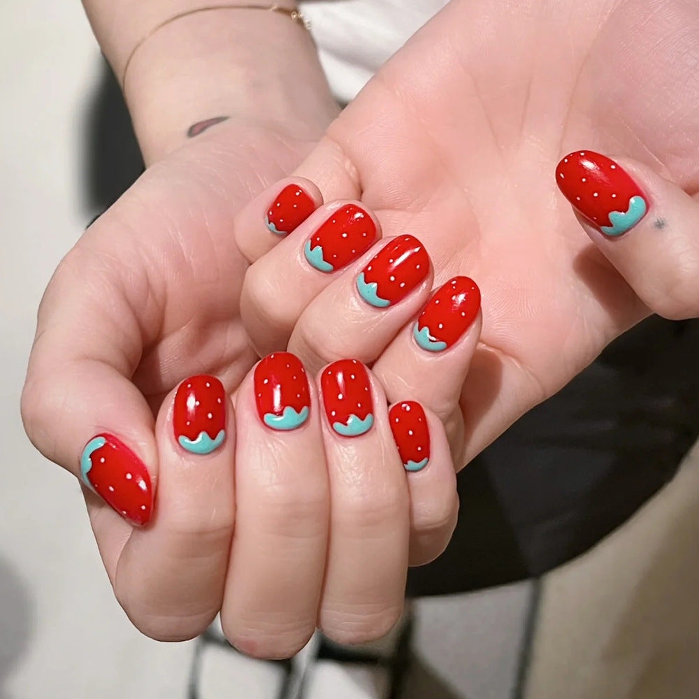 Juicy Strawberry Delight Medium Squoval Red with Aqua Accents Floral Nail Press Set