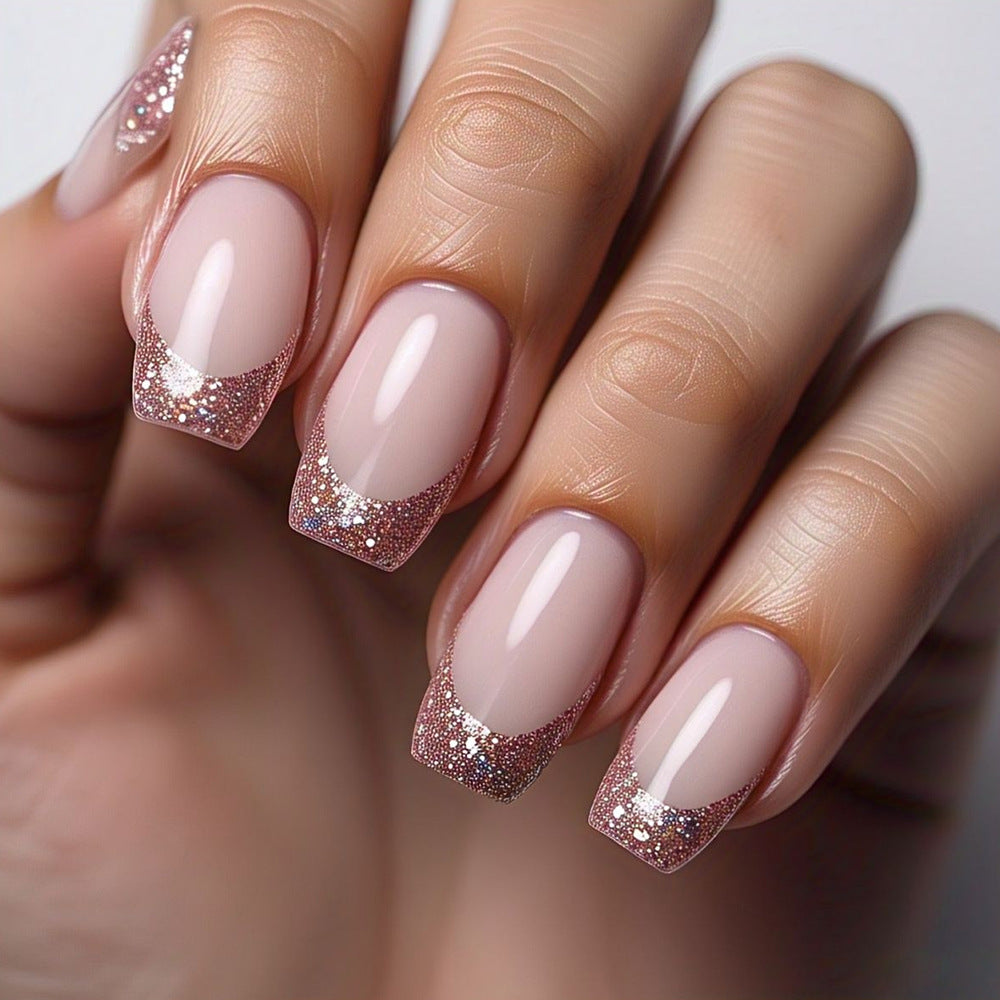 Glamorous Elegance Medium Square Pink with Sparkling Glitter Tips Press-On Nail Set