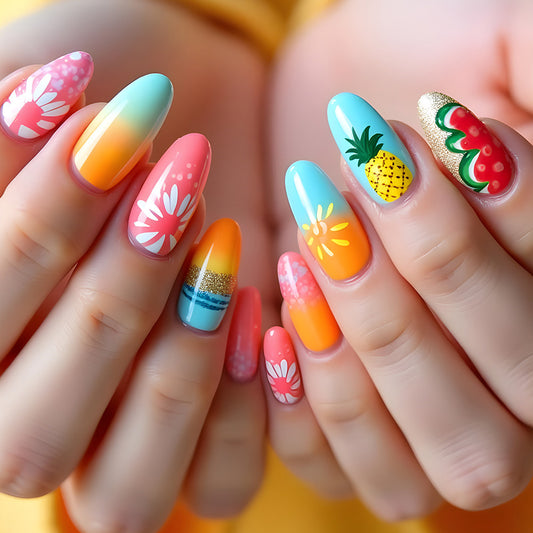 Tropical Paradise Medium Oval Gradient Blue Pink with Fruit and Floral Designs Press On Nail Set