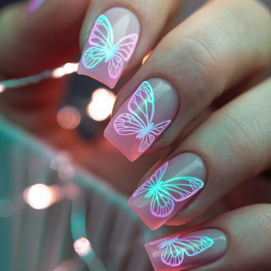 Whimsical Butterfly Design Medium Square Pink Glow Press On Nail Set