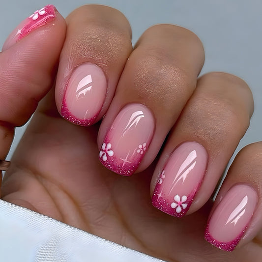 Floral Fantasy Short Square Pink With Sparkling Ombre and Delicate Flower Accents Press On Nail Set