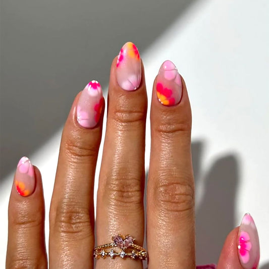 Whimsical Floral Design Medium Almond Pink and Orange Ombre Press on Nail Set with Glossy Finish