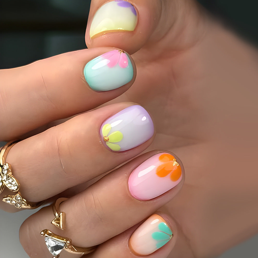 Whimsical Garden Short Squoval Pastel Floral Press On Nail Set with Glossy Finish