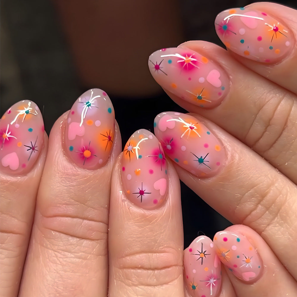 Whimsical Dream Press On Nail Set Medium Almond Pink with Colorful Abstract Patterns