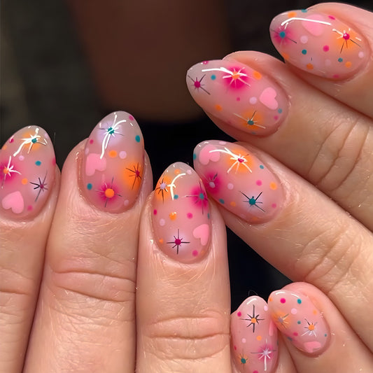 Whimsical Dream Press On Nail Set Medium Almond Pink with Colorful Abstract Patterns