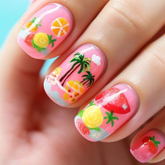 Tropical Vibes Glossy Short Squoval Press On Nail Set in Pink with Fun Fruit and Beach Motifs