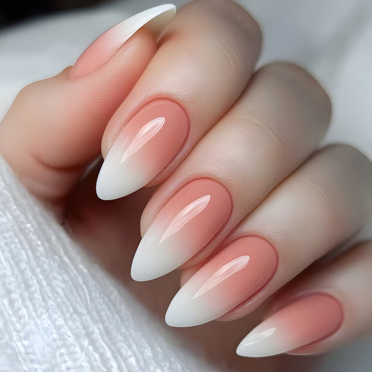 Enchanting Elegance Medium Almond Gradient Pink and White Press On Nail Set with Glossy Finish