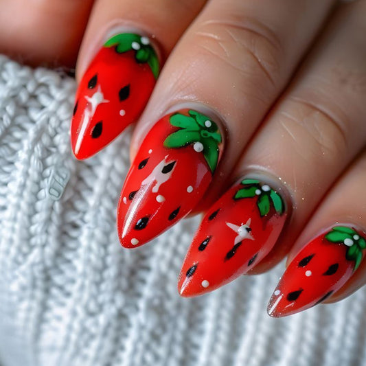 Berry Delightful Medium Almond Red Nail Set with Charming Strawberry Design