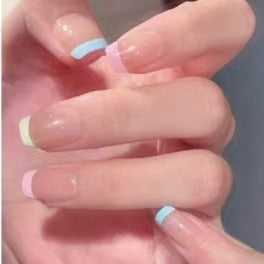 Whimsical Dreamland Short Square Translucent Pastel French Tip Nail Set with Colorful Rainbow Accents