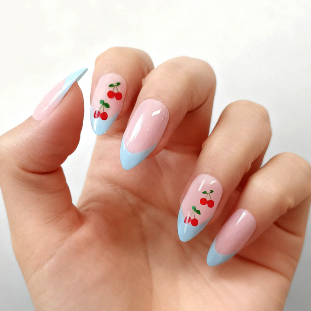 Cherry Blossom Dream Long Almond Shape Pink and Blue with Fruity Cherry Design Press On Nail Set