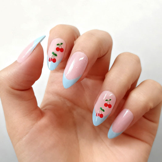 Cherry Blossom Dream Long Almond Shape Pink and Blue with Fruity Cherry Design Press On Nail Set