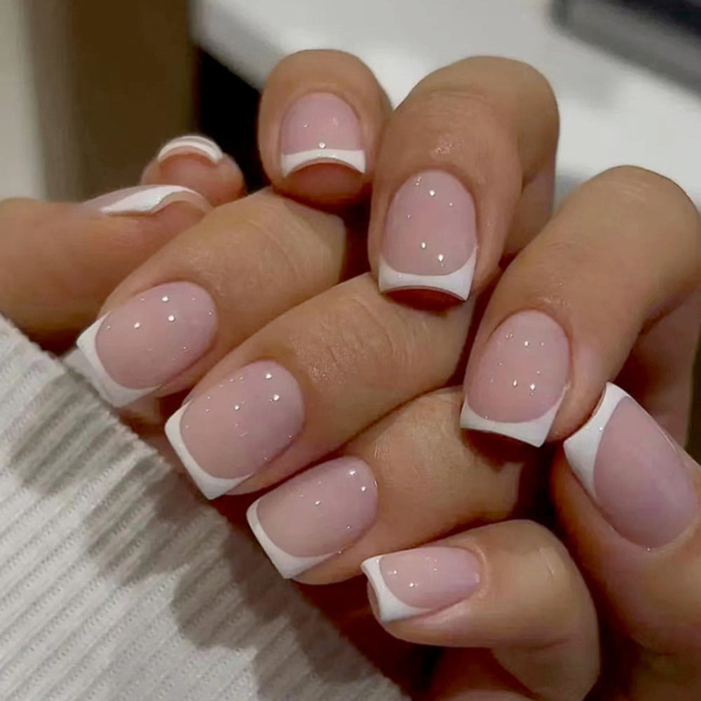 Elegant Blossom Medium Square Pink and White Press-On Nail Set with Sparkling Finish