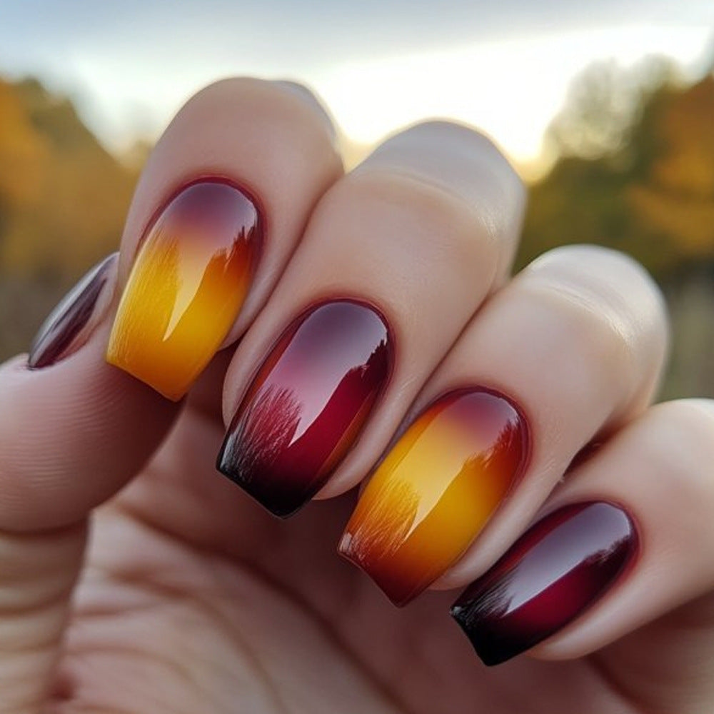 Autumn Sunset Elegance Short Square Ombre Burgundy and Gold Press On Nail Set with Glossy Finish