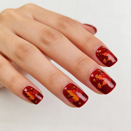 Autumn Elegance Short Square Burgundy Press-On Nail Set with Stunning Leaf Design