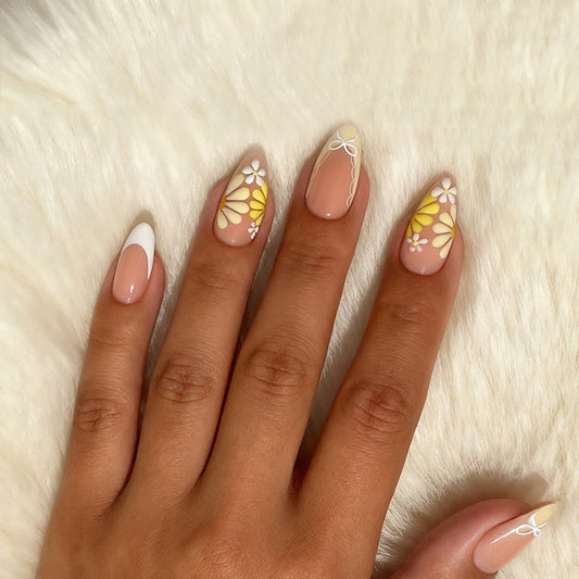 Botanical Bliss Medium Stiletto Pink and White with Floral Pattern Press On Nail Set