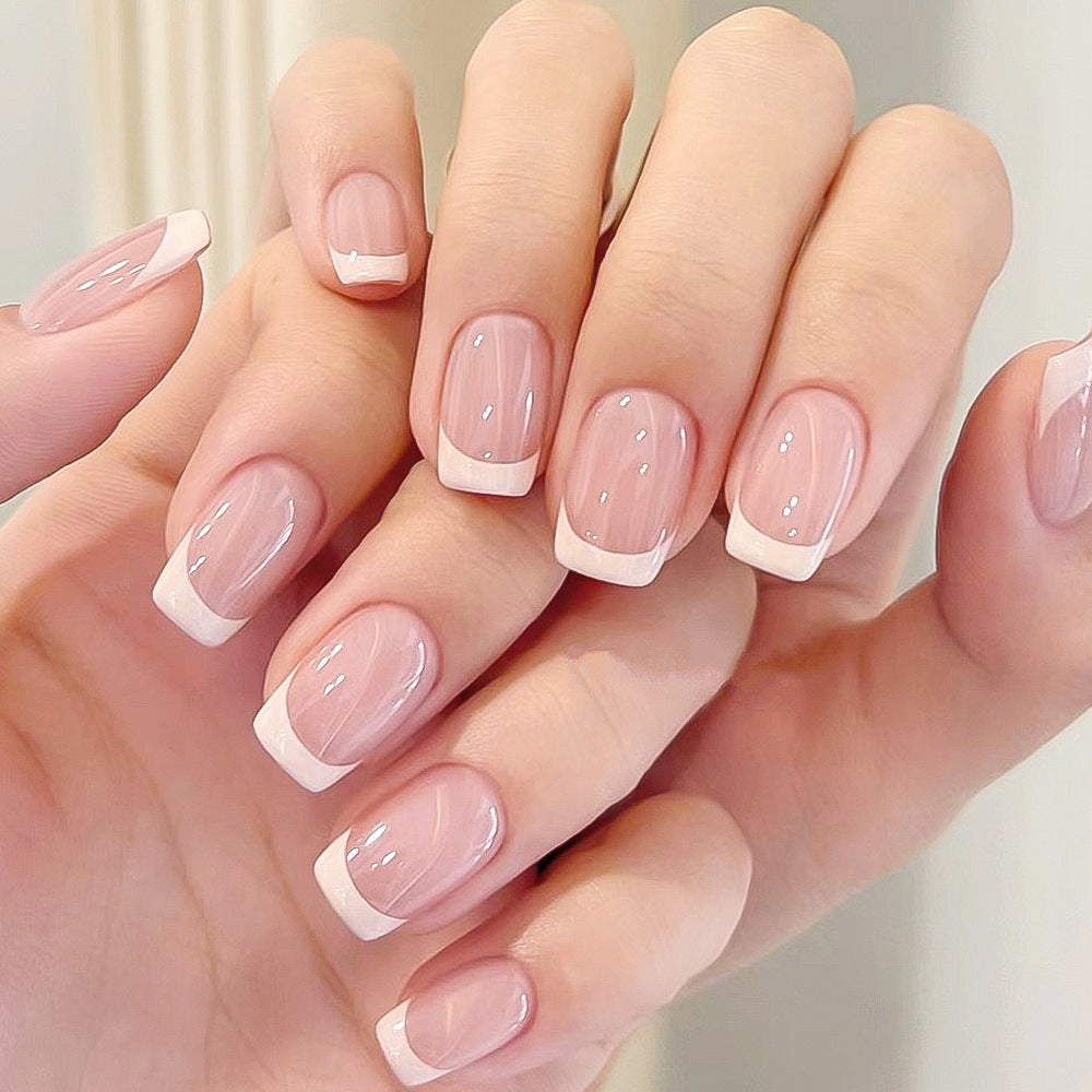 Elegant Bliss Medium Square Pink with White Tips and Glossy Finish Press-On Nail Set