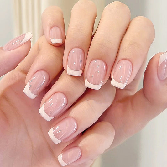 Elegant Bliss Medium Square Pink with White Tips and Glossy Finish Press-On Nail Set