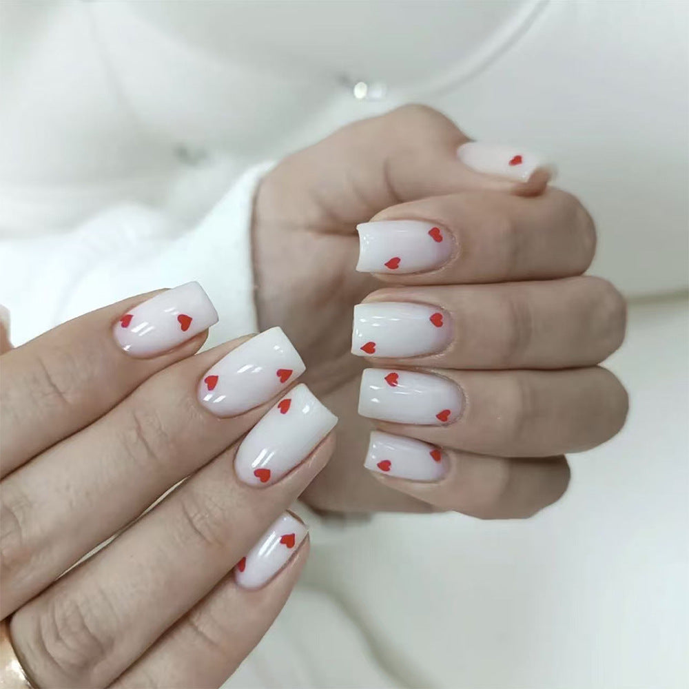 Romantic Heart Theme Medium Square White Nail Set with Vibrant Red Heart Accents