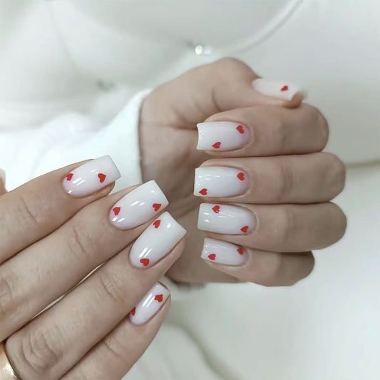 Romantic Heart Theme Medium Square White Nail Set with Vibrant Red Heart Accents