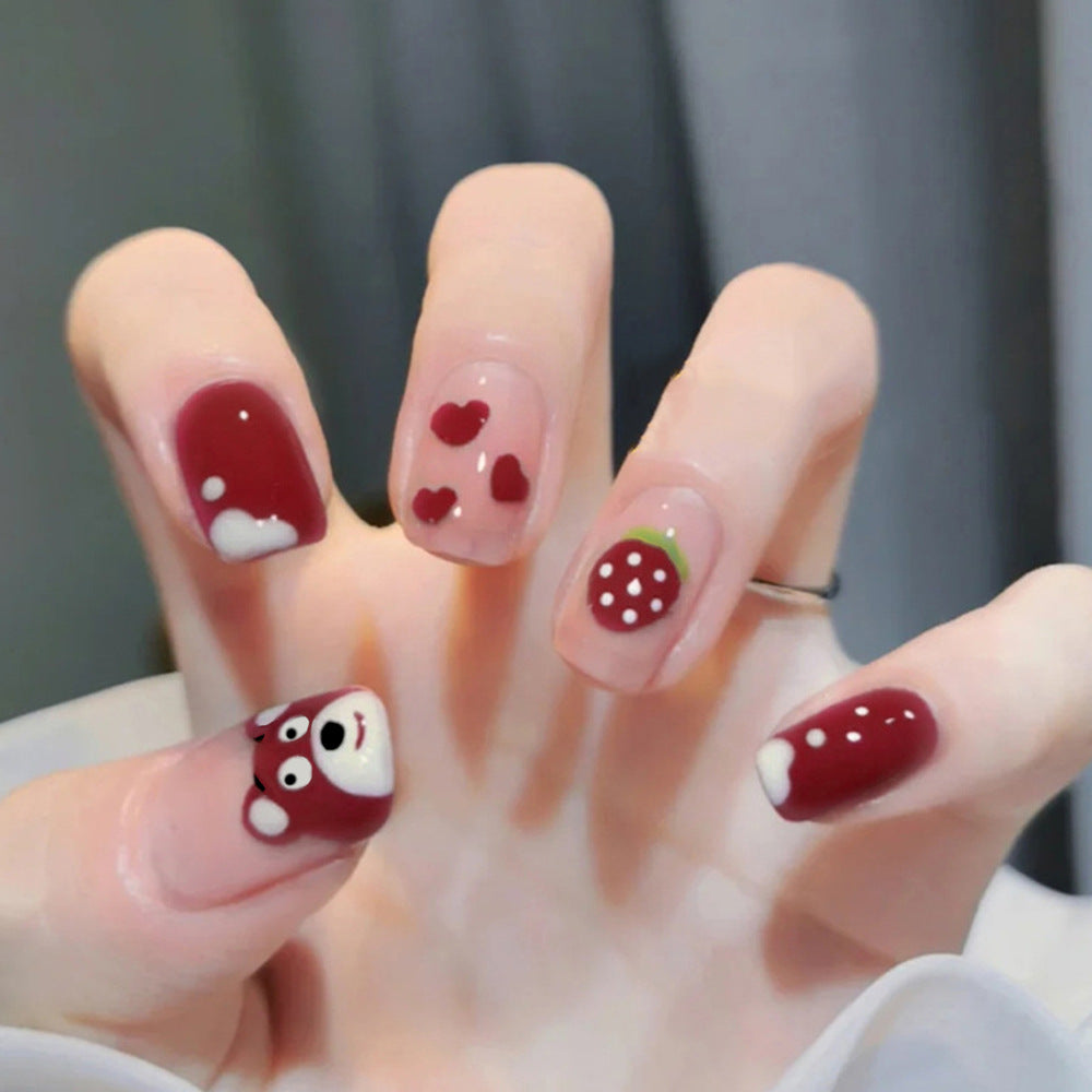 Whimsical Berry Delight Medium Square Burgundy Nail Set with Cute Bear Design and Charming Heart Accents