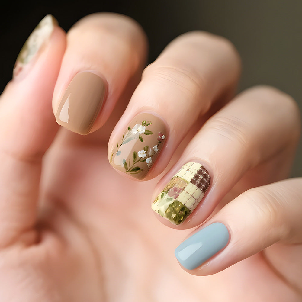 Botanical Bliss Short Square Pastel Multicolor Nail Set with Unique Floral Accents