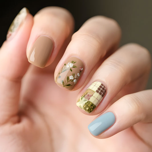 Botanical Bliss Short Square Pastel Multicolor Nail Set with Unique Floral Accents