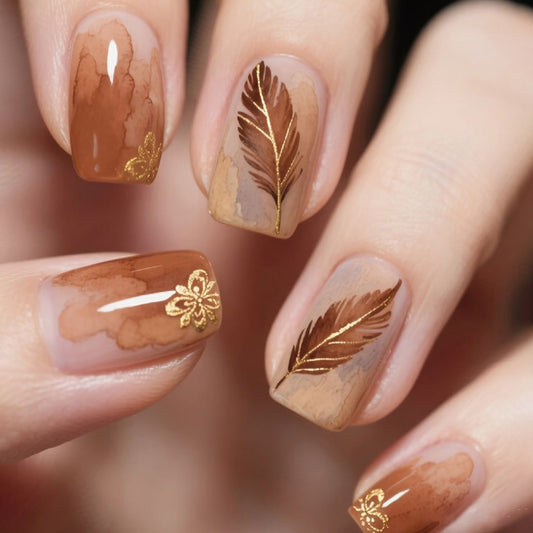 Autumn Elegance Square Short Brown with Gold Leaf Accents Press-On Nail Set