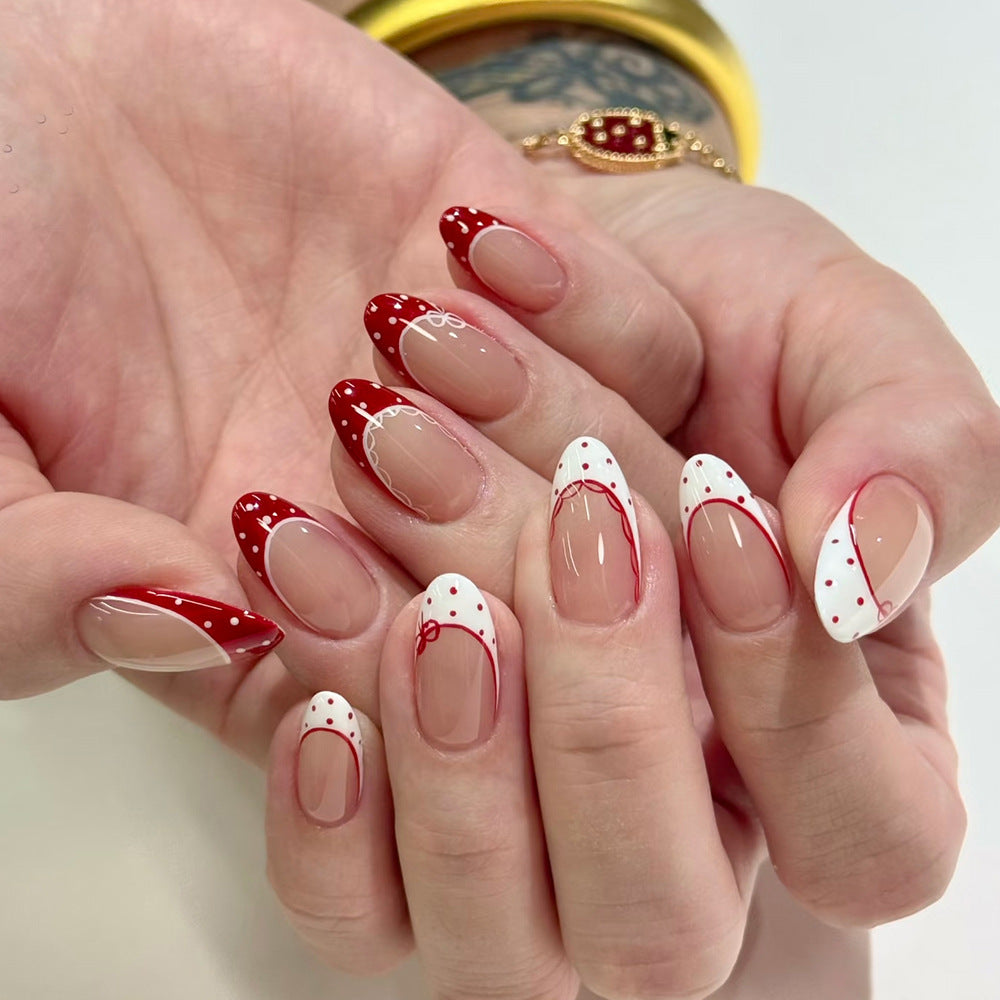 Charming Holiday Elegance Medium Almond Red and White Dual Tone with Whimsical Dots and Curved Design Press On Nail Set