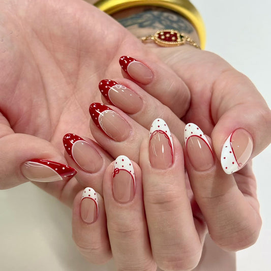 Charming Holiday Elegance Medium Almond Red and White Dual Tone with Whimsical Dots and Curved Design Press On Nail Set