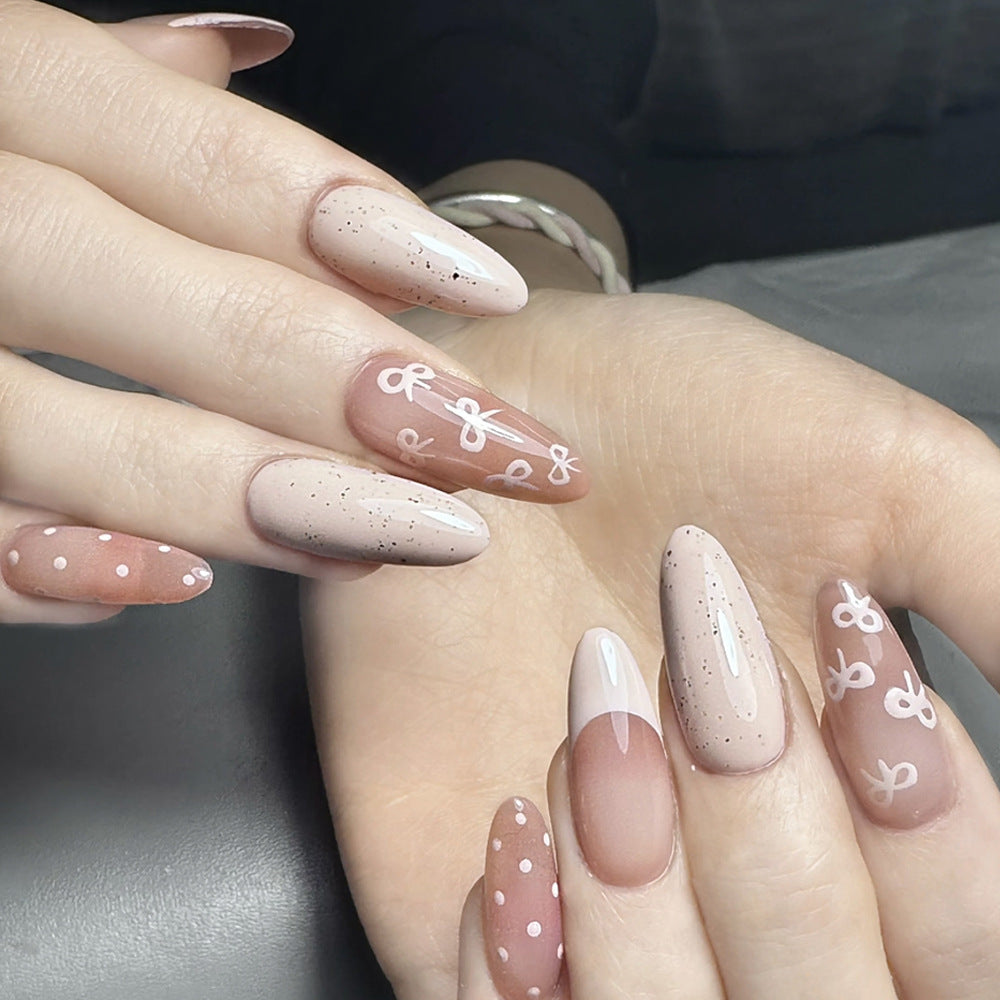 Chic Floral Dream Long Almond Shaped Soft Pink Ombre Press On Nail Set with Dainty White Bow Accents