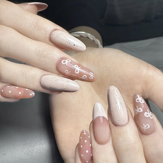 Chic Floral Dream Long Almond Shaped Soft Pink Ombre Press On Nail Set with Dainty White Bow Accents