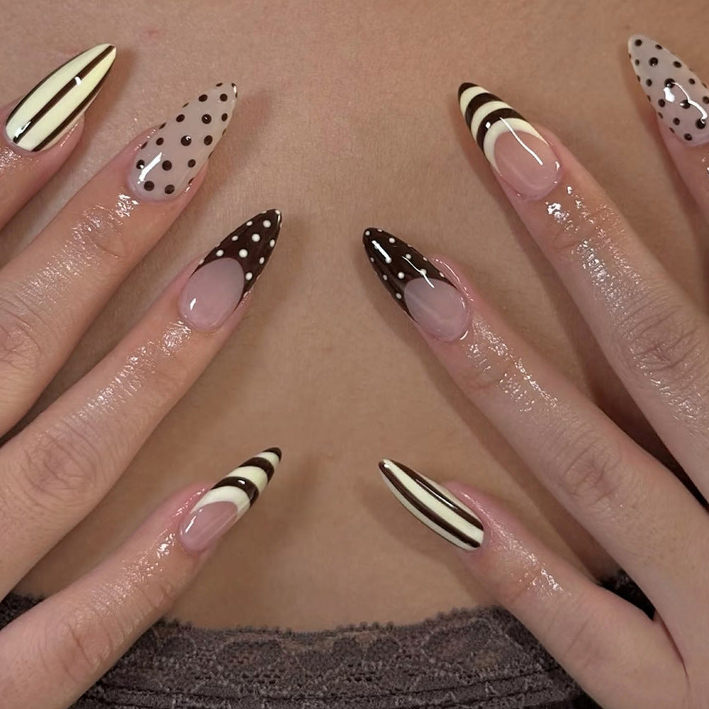 Chocolate Delight Almond Press-On Nails in Elegant Long Almond Shape Creamy Brown and Tan with Playful Polka Dots and Stripes