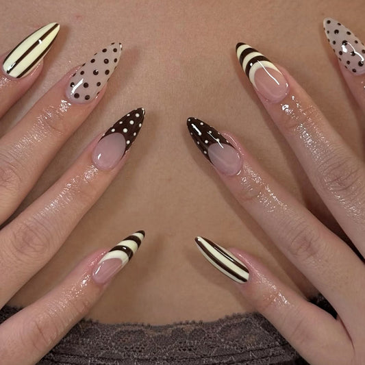 Chocolate Delight Almond Press-On Nails in Elegant Long Almond Shape Creamy Brown and Tan with Playful Polka Dots and Stripes