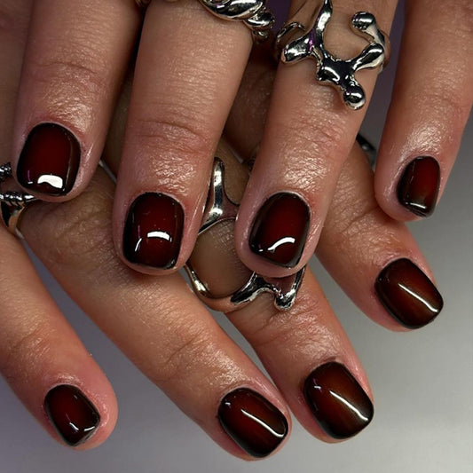 Gothic Elegance Short Square Deep Burgundy Ombre Finish Press On Nail Set