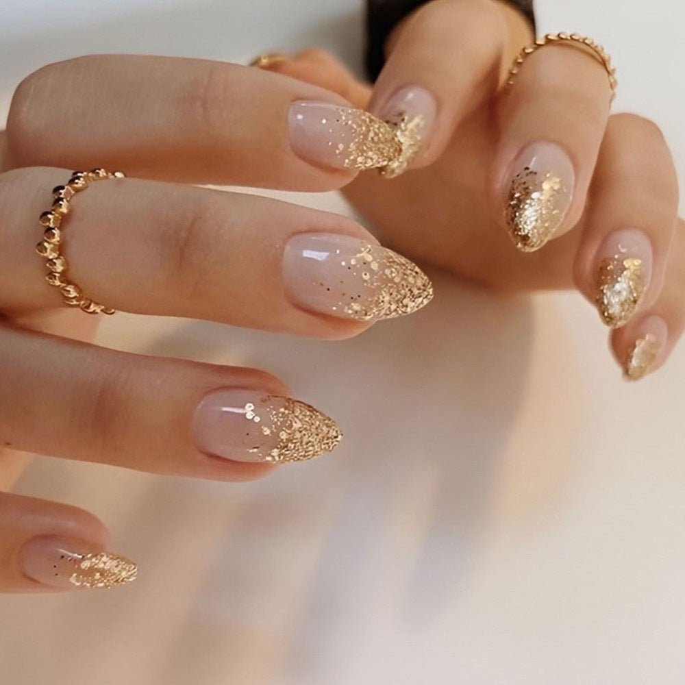 Glamorous Gold Star Press On Nail Set Extra Long Almond Shape Beige with Sparkling Glitter Finish
