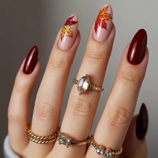 Autumn Elegance Long Almond Burgundy and Clear Gem Leaf Accented Press On Nail Set