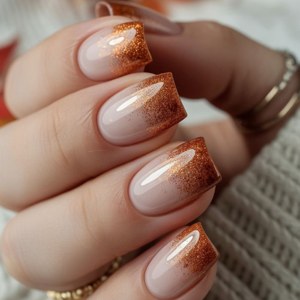 Autumn Elegance Medium Square Beige Press On Nail Set with Shimmering Copper Glitter Tips