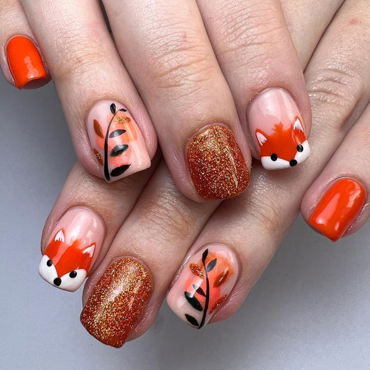 Whimsical Fox Theme Short Square Orange Glitter Press On Nail Set with Adorable Fox Designs and Leaf Accents