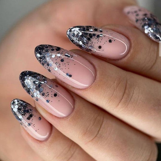 Glamorous Night Sky Long Almond Shaped Silver and Black Glitter Ombre Press On Nail Set