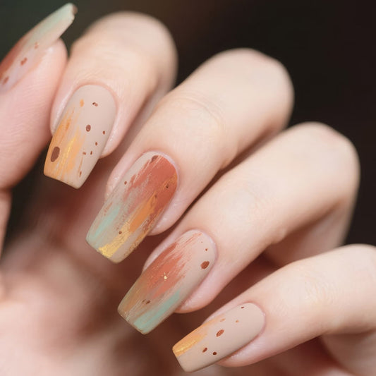 Autumn Vibes Extra Long Square Press On Nail Set in Warm Beige and Rustic Orange with Artistic Paint Splatter Design